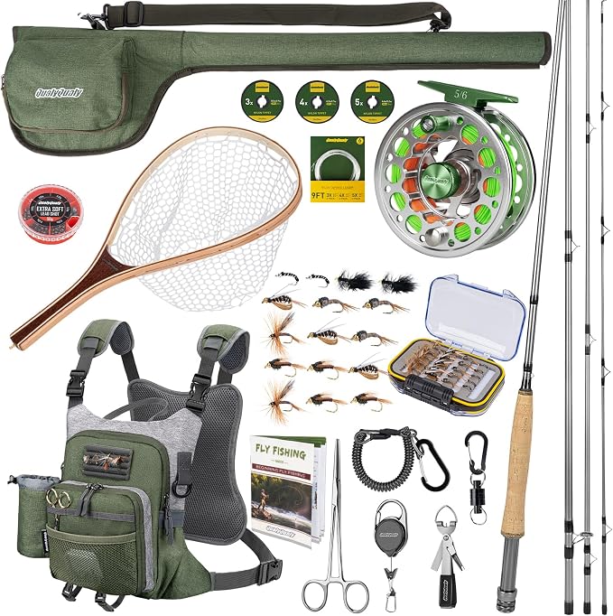 QualyQualy Fly Fishing Combo Starter Kit, 9Ft Fly Rod 4-Piece Graphite Rod with Bag, Accessories, Die Cast Aluminum Pre-Loaded Reel, Chest Pack, Fly Fishng Net & Flies