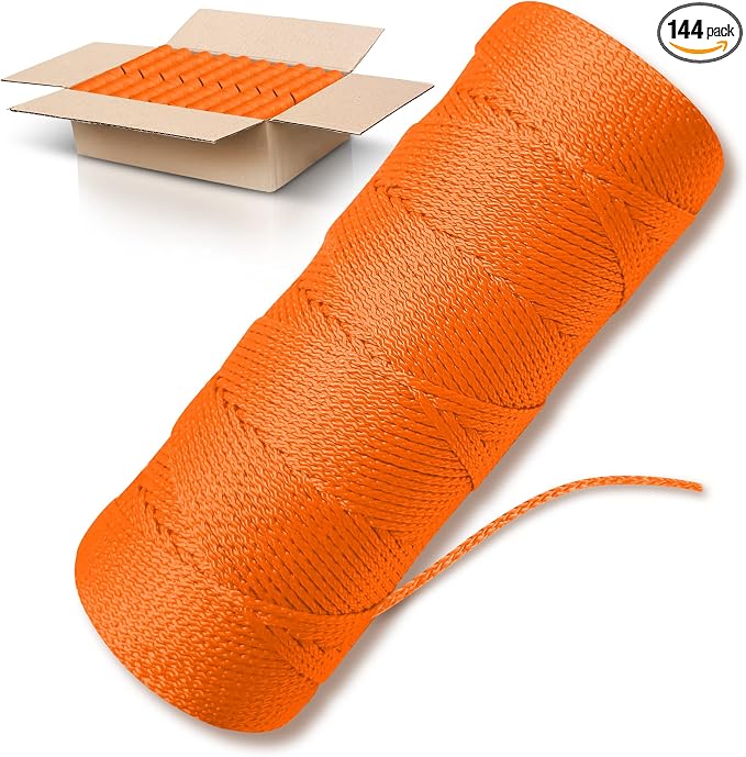 Orange Mason Line String Line - 144 Roll Pack - #18 Braided Nylon String - 250 Ft Length Per Roll - Nylon Twine for Gardening Or Masonry Tools - Perfect Construction String for A String Level