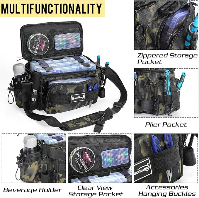 Sougayilang Fishing Tackle Bags with 3600 Tackle Tray - Fishing Tackle Storage Bags for Saltwater or Freshwater Fishing Gear - Padded Shoulder Strap - Tackle Box Bag Fishing Bag(Green)