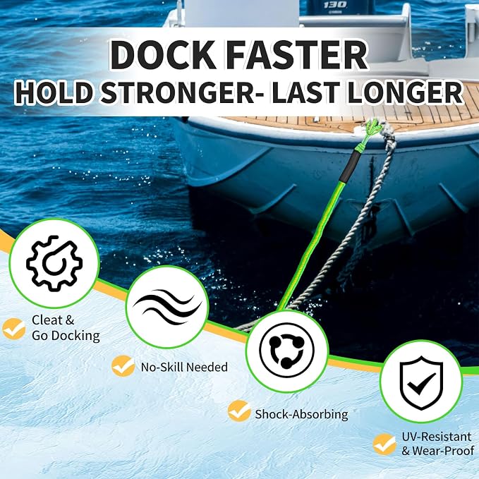 2-Pack Bungee Dock Lines for Boats with Loops, Boat Tie Downs for Docking, Adjustable Boat Mooring Rope for Pontoon, Jon Boat & PWC (Green & Yellow, 4 FT)