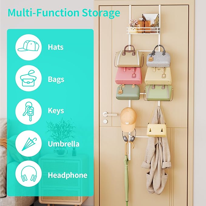 HapiRm Over The Door Purse Organizer - Wall Mounted Purse Rack with 16 Hooks and Metal Basket, Hanging Handbag Organizer Holds up to 16 Bags, Bag Rack Can Use As 1/2 Part, for Door, Closet (White)