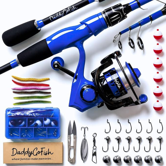 DaddyGoFish Spinning Fishing Rod and Reel Combo Set with Tackle Box | Kids Fishing Pole | Carbon Fiber Telescopic Fishing Rod Kit | Spinning Reel for Travel Saltwater Freshwater Fishing Gear Kit