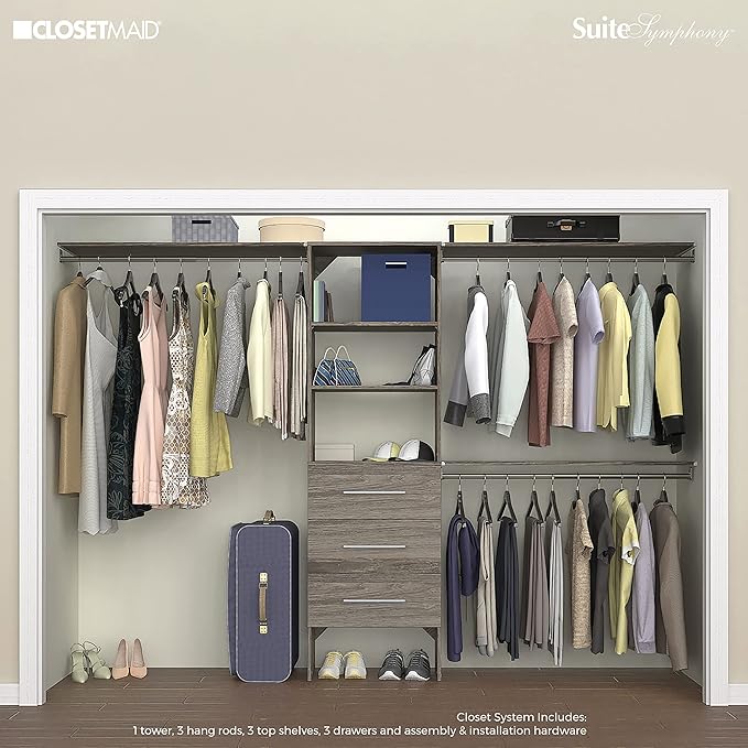 ClosetMaid SuiteSymphony Wood Closet Organizer Kit with Tower, 3 Hang Rods, Top Shelves, 3 Drawers, Modern, Fits Spaces 6 - 10 ft. Wide, Graphite Grey