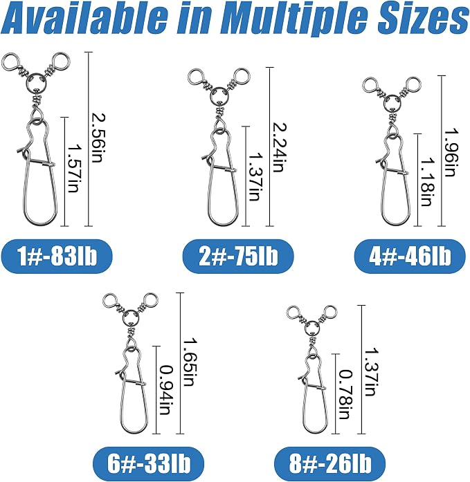AGOOL Fishing 3 Way Swivel Snaps - 30pcs T-Turn Fishing Swivels Triple Swivels Cross Line Duo Lock Snap Swivels Fishing Lure Connectors Fishing Tackle for Trolling Catfish Rig Saltwater Freshwater