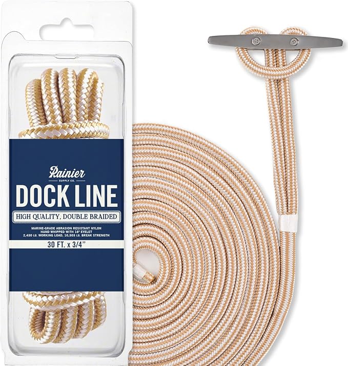 RainierSupplyCo Dock Lines - Boat Rope for Docking with Loop - 30 ft x 3/4 Inch Premium Double Braided Nylon Marine Rope - Mooring Line with 18" Eyelet - Boat Accessories - White Gold
