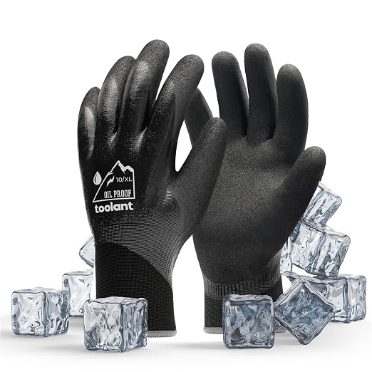 toolant Waterproof Gloves for Men and Women, Freezer Gloves with Grip, Double Nitrile Dipped for Extreme Oil Repellent, for Construction, Mechanics, Mining, Plumbing, Black, XX-Large