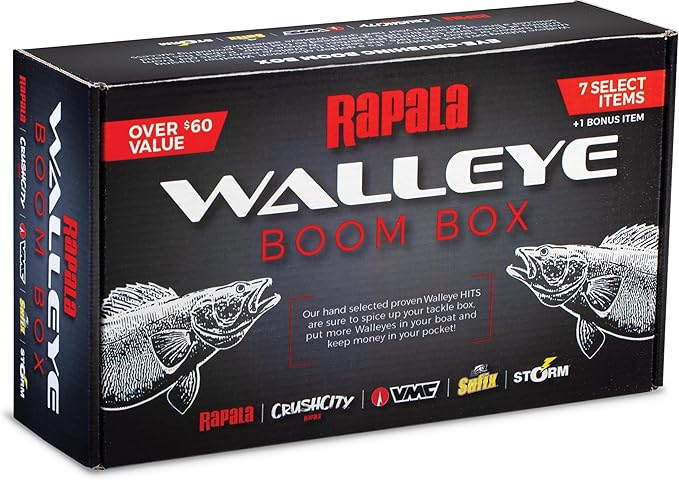 Rapala Walleye Boom Box, Walleye Lure Selection Includes 7 Hand-Picked baits Plus 1 Bonus Item, Featuring Trusted Brands Like Rapala, VMC, Crush City, Sufix, and Storm