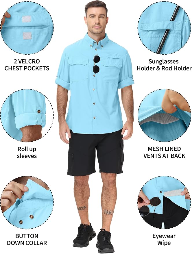 Roadbox Men's Sun Protection Fishing Shirt, Long Sleeve Cool Dry Lightweight UPF 50+ Shirts for Hiking Safari Camping Travel