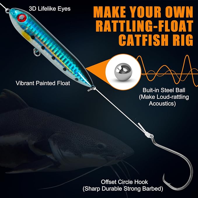 SILANON Catfish Rig Tackle Making Kit, Catfishing Tackle Accessories with Catfish Floats Catfish Hooks Swivels Fishing Rattles Bells Beads Bobber Stoppers Catfishing Gear Equipment
