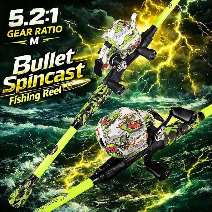 Sougayilang Spincast Combo – IM7 Graphite 2-Piece Travel Rod, EVA Handle, 17.5LB Drag, 7+1 Bearings, Left/Right Interchangeable, Pre-spooled with Mono Line for Kids & Beginners – Pond & Lake Fishing