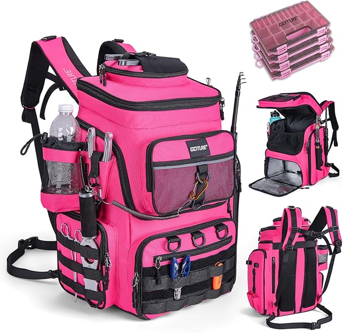 Goture Fishing Backpack with 4 Tackle Boxes, 900D Water-Resistant Tackle Backpack with Rod Holders,Insulated Cooler Compartment, 55L Large Capacity Fishing Gear Storage Bag for Saltwater & Freshwater
