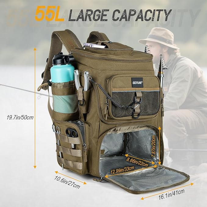 Goture Fishing Backpack, 900D Water-Resistant Tackle Bag with Rod Holders, Insulated Cooler Compartment, 55L Large Capacity Fishing Gear Storage for Saltwater&Freshwater Camping Hiking,Gifts for Men