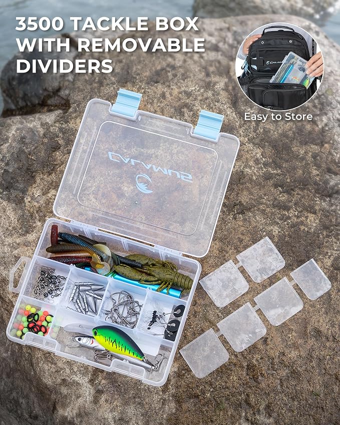 Calamus GearMaster Fishing Sling Tackle Bag & Tool Set, 3500 Tackle Box & Fishing Gear with Fishing lures, Fishing Pliers, Fishing Scissors, Lip Gripper, Wacky Tool
