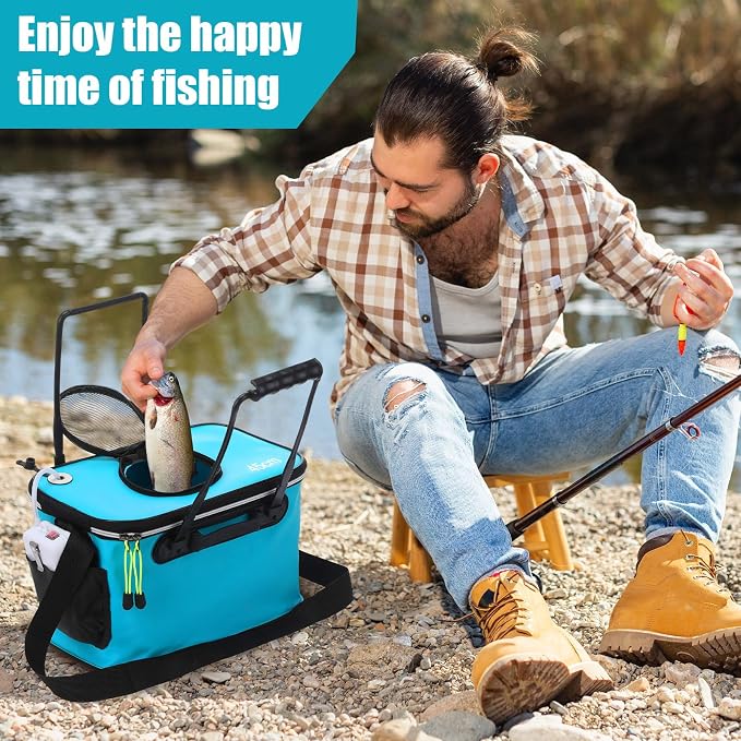 2 Pcs Fishing Bucket and Live Bait Aerator, Foldable Multi Functional Live Bucket Portable Quiet Aerator Outdoor Camping Fishing EVA Bag