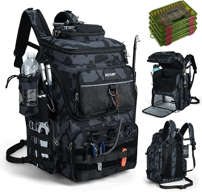 Goture Fishing Backpack with 4 Tackle Boxes, 900D Water-Resistant Tackle Backpack with Rod Holders,Insulated Cooler Compartment, 55L Large Capacity Fishing Gear Storage Bag for Saltwater & Freshwater