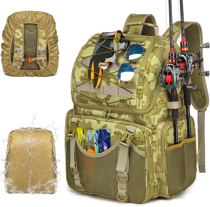 RUCYEN Fishing Backpack, 45L Large Cooler Fishing Tackle bag with Rod Holders & Rain Cover, Water-resistant Store Gear (Khaki Camo)