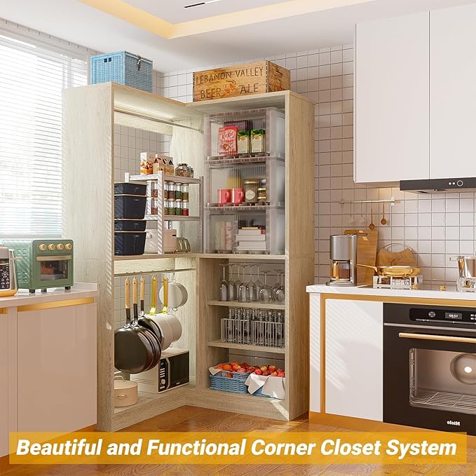 Unikito 36 Inch Corner Closet System, Large Freestanding Closet Organizer System with 2 Hanging Rods and Storage Shelves, Sturdy Walk in Tower, 36" W x 36" D x 80" H, White Oak