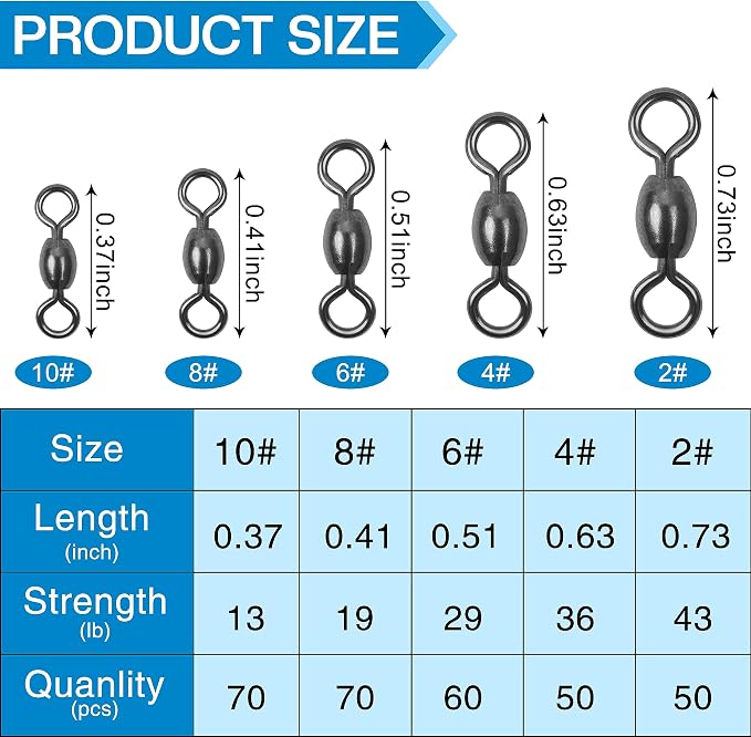 Barrel Swivels Fishing Tackle Kit, 300pcs Crane Ball Bearing Fishing Swivel with Solid Ring Black Stainless Steel Fishing line Hook Connector Fishing Gear Accessories for Saltwater Freshwater