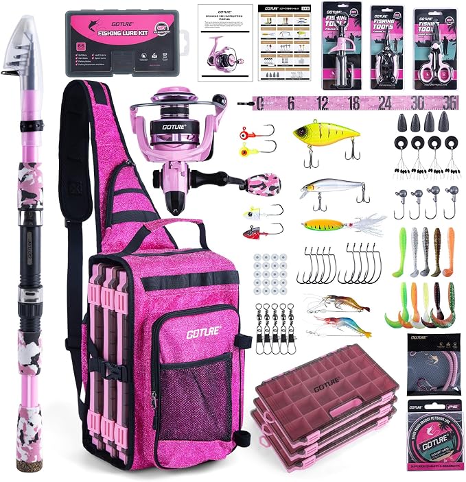 Goture Fishing Kits for Adult,Fishing Pole and Reel Combo, OpenSide Fishing Sling Tackle Storage Bag with 3 Tackle Boxes,Gift for Men