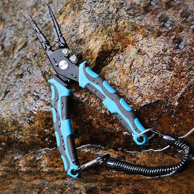 Sougayilang Fishing Pliers,Sheath and Lanyard Tungsten Carbide Cutters,420 Stainless Steel Fishing Tools,Saltwater Resistant Fishing Gear with Rubber Handle-7.5'' Straight Nose - Blue