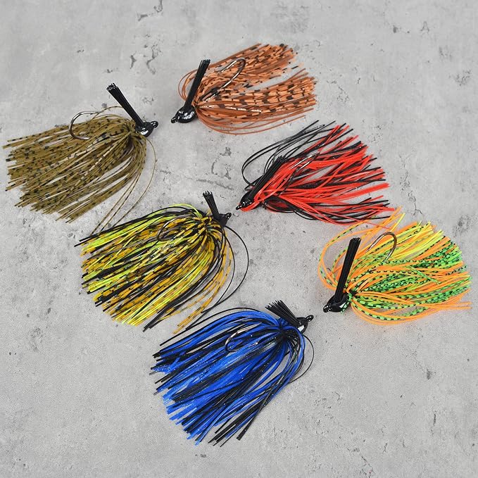Fishing Jig with Weed Guard 3/8 oz Silicone Skirt Fishing Lures for Bass Perch Multi-Color Pack of 6