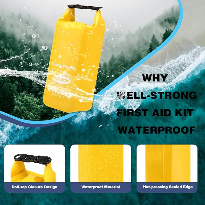 Boat First Aid Kit with Survival Tools, 123pcs Waterproof Emergency Marine Kit with Buckles, Compact Boat Safety Accessories for Fishing Kayaking Boating Camping Rafting Beach Yellow