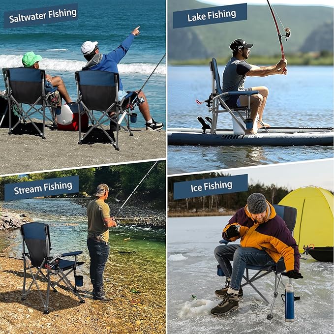 Fishing Chair with Upgraded 360° Adjustable Rod Holder, Folding Ice Fishing Chairs for Adults, Portable Camping Chair with Side Pocket Cup Holder for Outdoor Sports Garden Beach Lawn Picnic