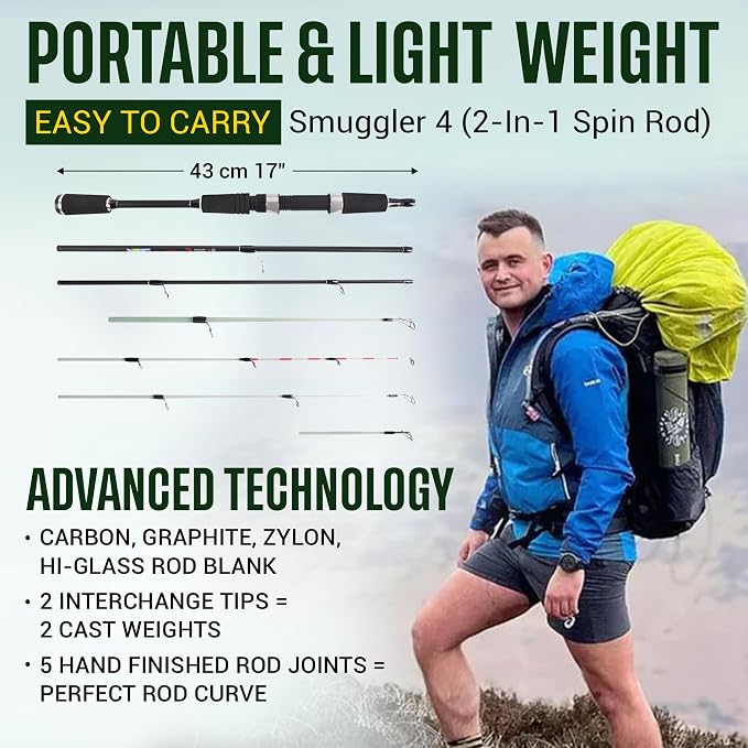 Rigged and Ready Smuggler Series™ Travel Fishing Rods. Super Compact, 1 Spinning Rod and Reel Combo, 4 Spin, 1 Casting Rod + Cases. 2, 3 or 4 Tips. Spin and General Freshwater - Saltwater Fishing