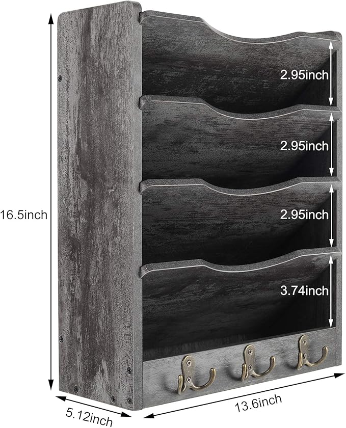 PAG 5-Tier Wall File Holder Hanging Mail Organizer Wood Magazine Literature Rack with 6 Hooks, Dark Gray