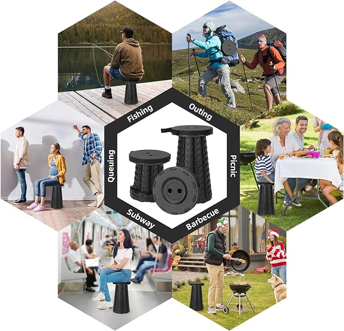 Qiguet Collapsible Stool, Folding Chair - Upgraded Portable Chair with Load Capacity 400lbs, Portable Stool for Camping Fishing Hiking - Folding Tool with Carrying Straps,Gifts for Fisherman (Black)