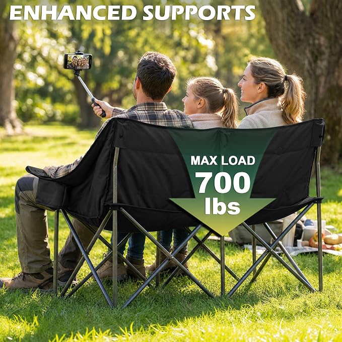 Youtanic 60" Extra Double Camping Chair, 700lbs Heavy Duty Padded Loveseat for Adults, Oversized 2 Person Folding Camp Couch with Dual Cup Holders, Portable Plaid Lawn Chair for Outside, Sports, Red