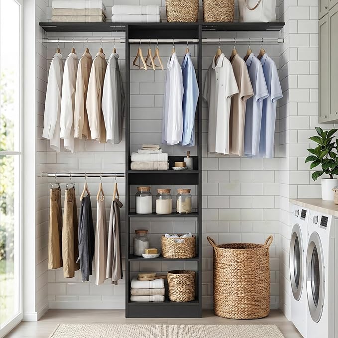 Cyclysio 4FT Small Closet System, 80"H Closet Organizer System with 4 Closets Rods & 3 Shelves, 48" Closets Organizers and Storage for Small Bedrooms, Laundry Rooms, Cloakrooms, Black