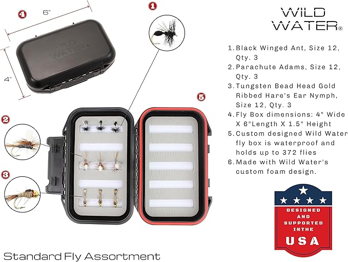 Wild Water Standard Fly Fishing Combo Starter Kit, 5 or 6 Weight 9 Foot Fly Rod, 4-Piece Graphite Rod with Cork Handle, Accessories, Die Cast Aluminum Reel, Carrying Case, Fly Box Case & Fishing Flies