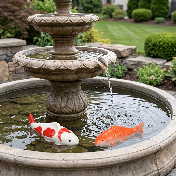 Housoutil Ceramic Floating Koi Fish, 2PCS Ceramic Floating Fake Fish Goldfish Koi Decor Realistic Water Pond Decor for Outdoor Fountain, Bird Bath, Mini Water Garden and Fake Aquarium