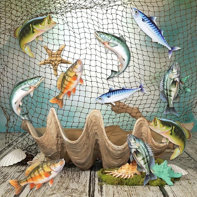 Silipull 11 Pcs Gone Fishing Party Decorations Kit Fishing Net Cute Cardstock Photo Prop for Birthday Sea Animal Indoor Outdoor Dessert Table Party Supply