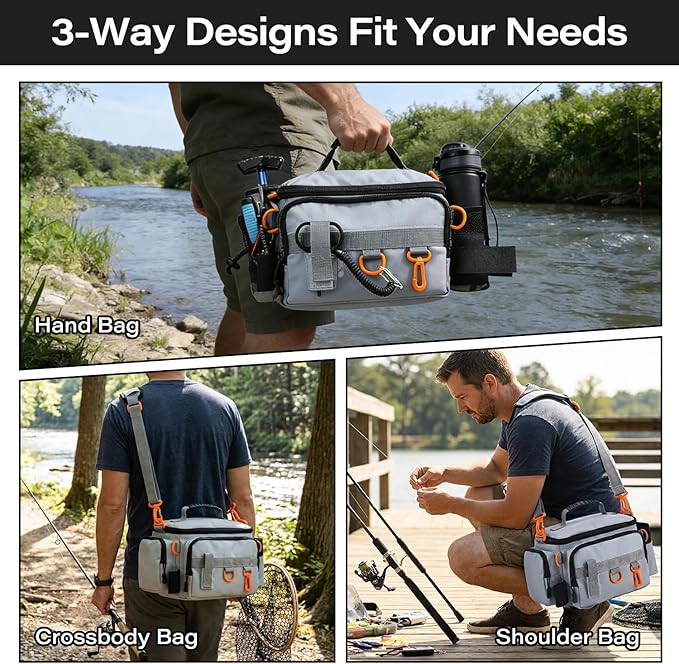 Fishing Tackle Bags with Tackle Box,Waterproof,Padded Shoulder Strap,Gear Storage,Fish Bag with 136 Pcs Fishing Lures Kit,Fish Hook Remover Tool,Fish Lip Gripper,Fishing Plier,Gifts for Men (Gray)