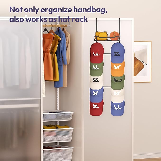 SWTYMIKI Over The Door Purse Organizer - Wall Mounted Purse Rack with 10 Hooks and Metal Basket, Handbag Hanger Organizer Holds up to 10 Bags, Bag Rack Can Use As 1/2 Part, for Door, Closet