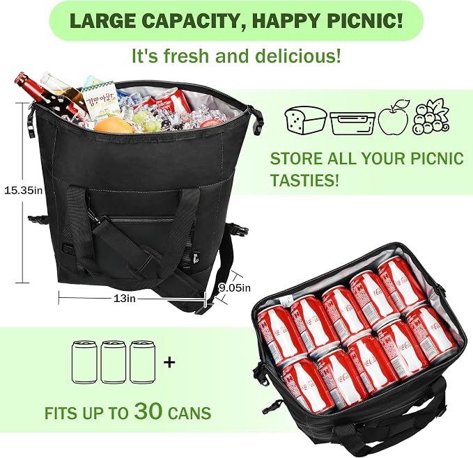 Tirrinia Insulated Soft Cooler Bag- 30 cans Leakproof Camping Ice Chest Box with Bottle Opener, Portable Cooler Box for Lunch, Picnic, Drink, Travel, Fishing