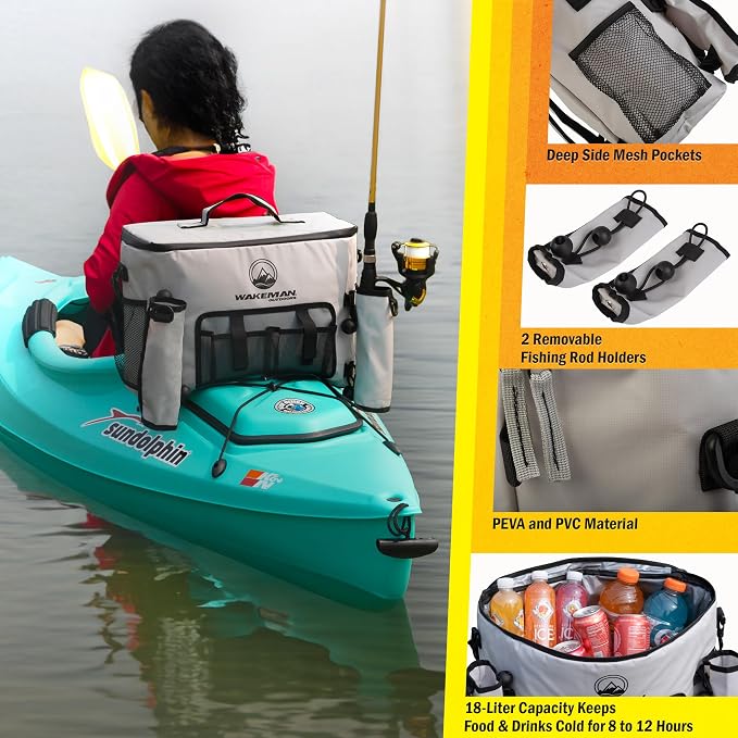Kayak Cooler - 18L Seat Back Fishing Cooler - Water-Resistant Insulated Bag - 8-12 Hour Cooling Time - Kayak Accessories by Wakeman Outdoors