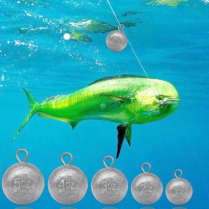 5 Pcs Fishing Round Sinker Cannonball Lead Weights Assortment Egg Drop Bass Weights Saltwater Freshwater Casting 1-5oz