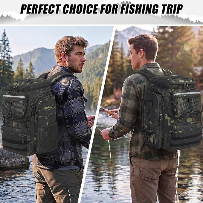 HAMBOLY Fishing Backpack 45L with Rod Holders, Water-Resistant Tackle Backpack for Fishermen, Large Capacity Fishing Gear Bag for Travel Hiking Camping