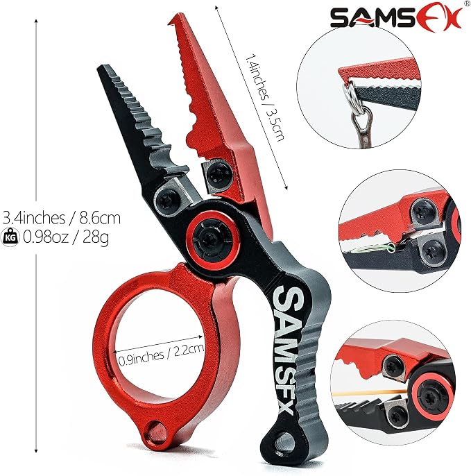 SAMSFX Mini Fishing Pliers with Fly Fishing Zinger Retractor, Fish Hook Remover Tool, Split Ring Pliers for Saltwater & Freshwater, Tungsten Carbide Cutters, Fishing Gear Gift for Anglers