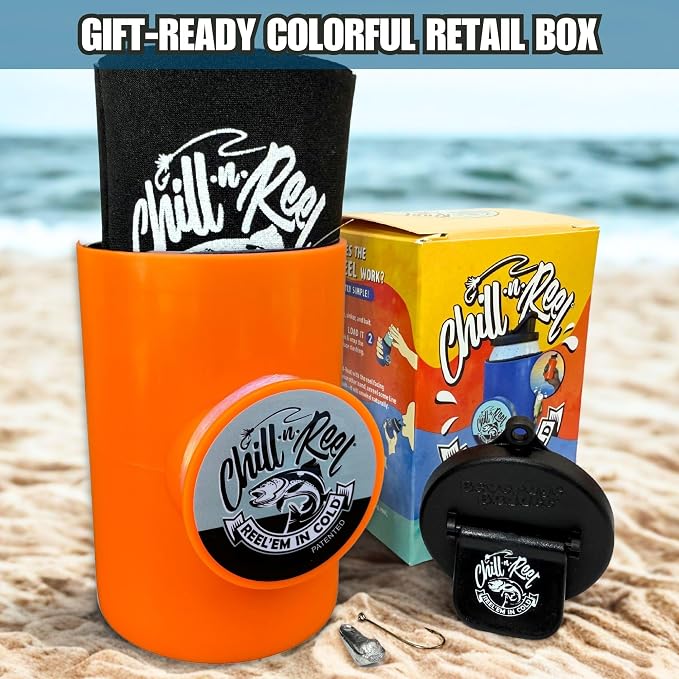Made in USA | Fishing Can Cooler from Shark Tank | Hard Shell Drink Holder with Hand Line Reel | Fits Most Can Sleeves or Coozies | Unique Fishing Gift for Men | Retail Box Packaging | Orange
