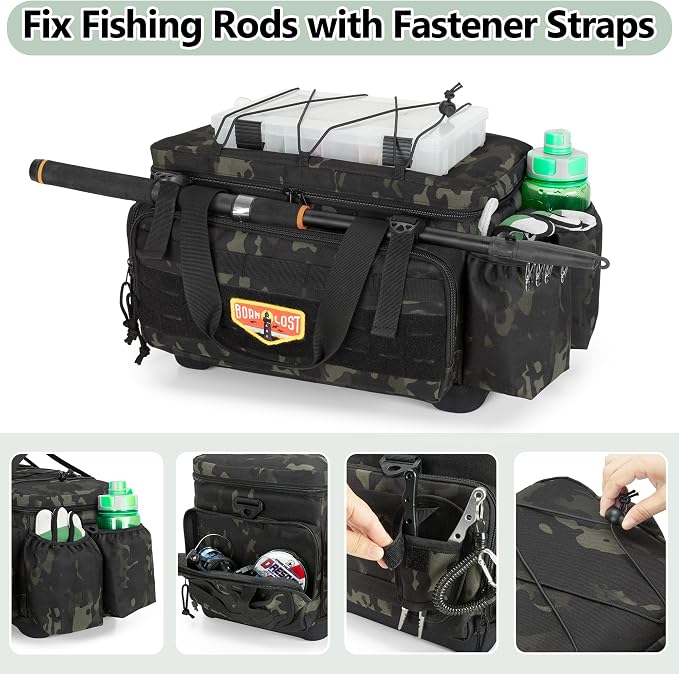 GOBUROS Waterproof Fishing Tackle Bag with Waterproof EVA Bottom (No Tackle Boxes in Package), Soft Tackle Box Storage Bag with Rod Holder, Pliers Storage for Fishing