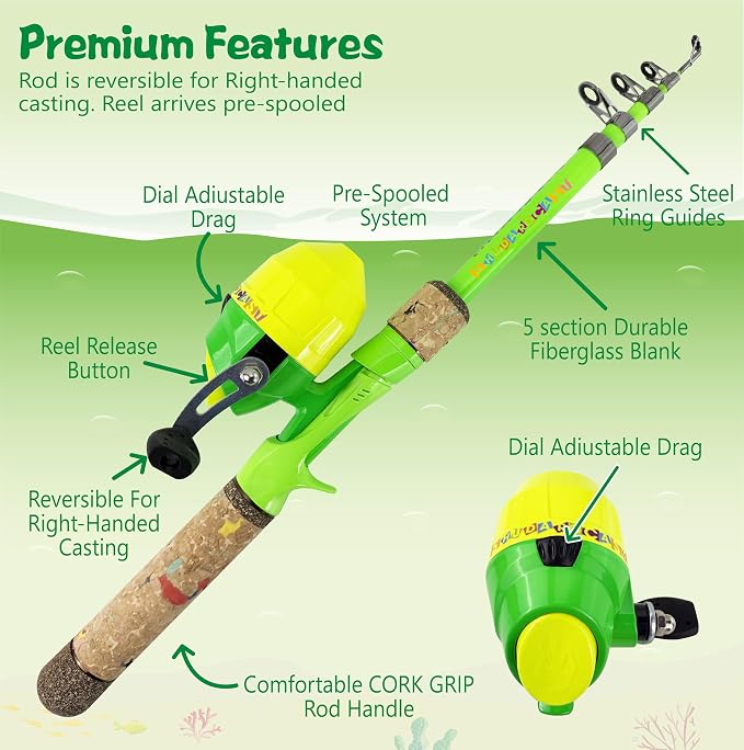 Kids Rod Set, Kids Fishing Rod and Reel Combo and Fishing Net Tackle Box with Fishing Lure Hook and Bag for Girls Beginners, Kids, Youth Anglers