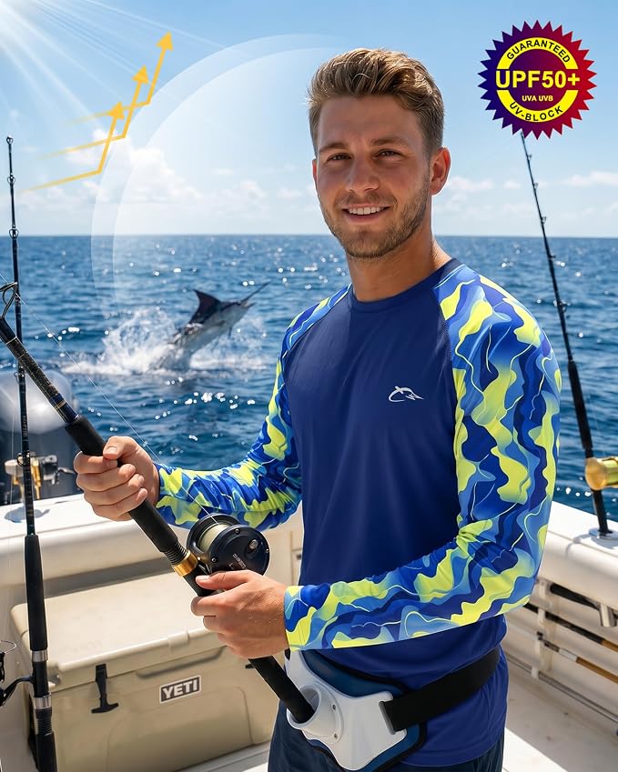 FISHEAL Men's Long Sleeve Fishing Shirts, UPF 50+ Camo Sun Protection Rash Guard, UV Shirt for Swimming Hunting Outdoor
