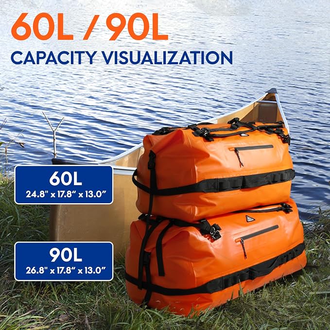 Haimont IPX7 Waterproof Roll-Top Dry Duffel Backpack | 60L/90L Sizes, 500D Tarpaulin, Welded Seams, Mesh Pockets, Boating & Kayaking