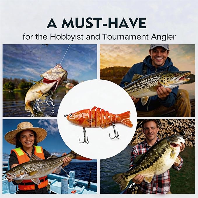 Multi Jointed Swimbait Hard Lure, 3.7in Slow Sinking Fishing Lures with Realistic S-Shaped Swimming Action, Built-in Gravity Transfer System & #6 Treble Hooks for Bass, Trout, Pike, Topwater Lure