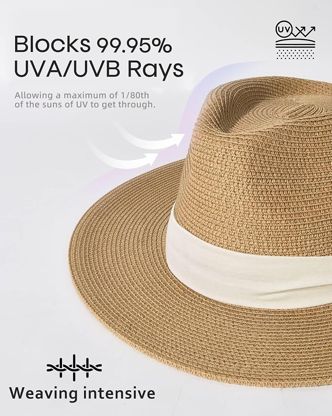 FURTALK Womens Mens Wide Brim Straw Panama Hat Fedora Summer Beach Sun Hats UPF Straw Hat for Women