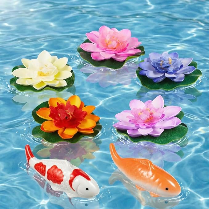 Willinglong 2 Pcs Ceramic Floating Koi Fish 5 Pcs Artificial Foam Lotus Flower with Water Lily Floating Fake Fish Goldfish Koi Decor for Pond Fountain Birdbath Fake Aquarium Decor